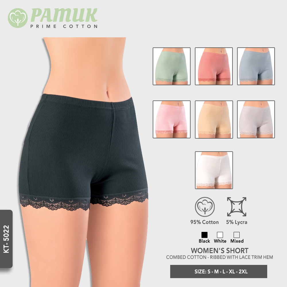 WOMEN'S SHORT - COMBED COTTON - RIBBED WITH LACE TRIM HEM