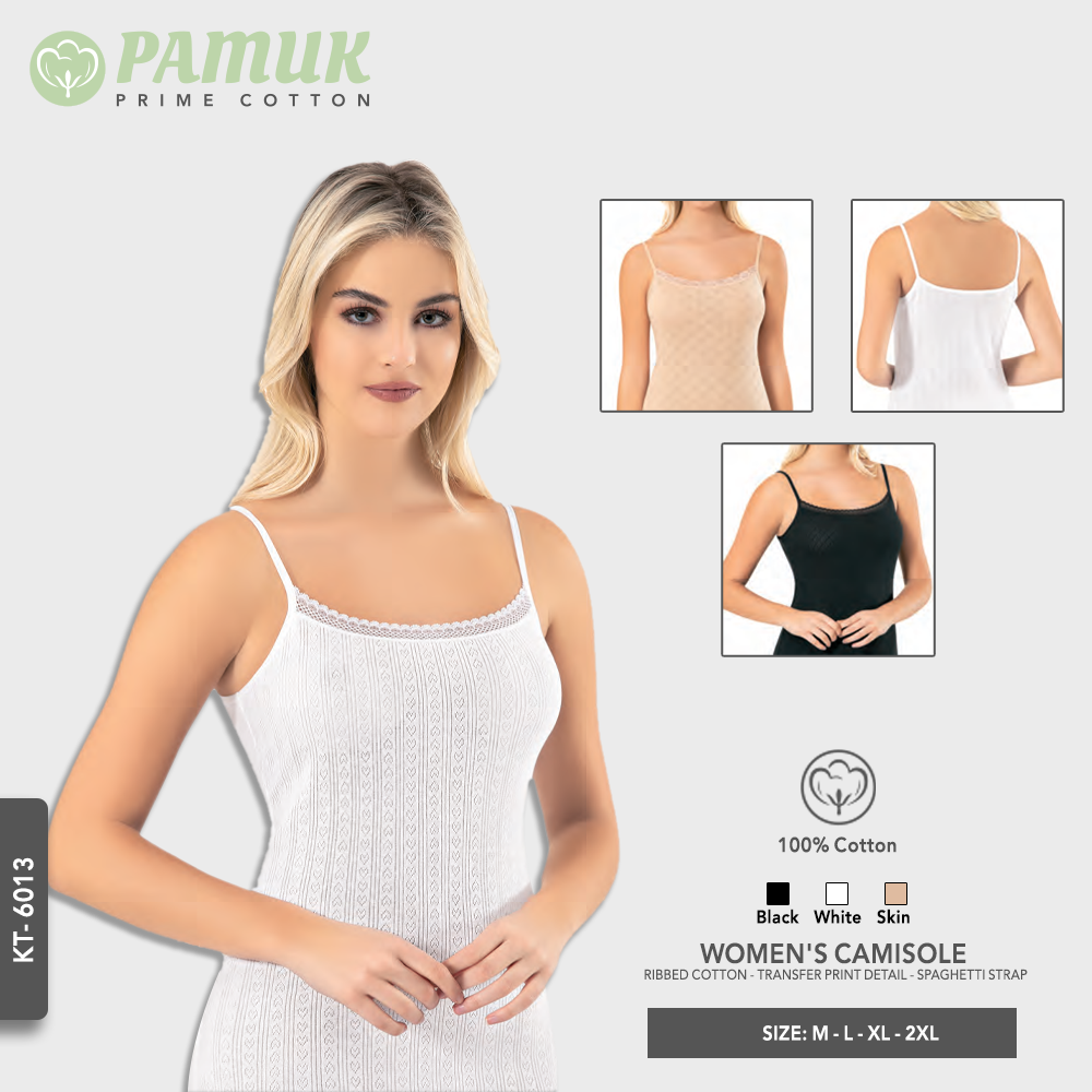 WOMEN'S CAMISOLE - RIBBED COTTON - TRANSFER PRINT DETAIL - SPAGHETTI STRAP (KT-6013)