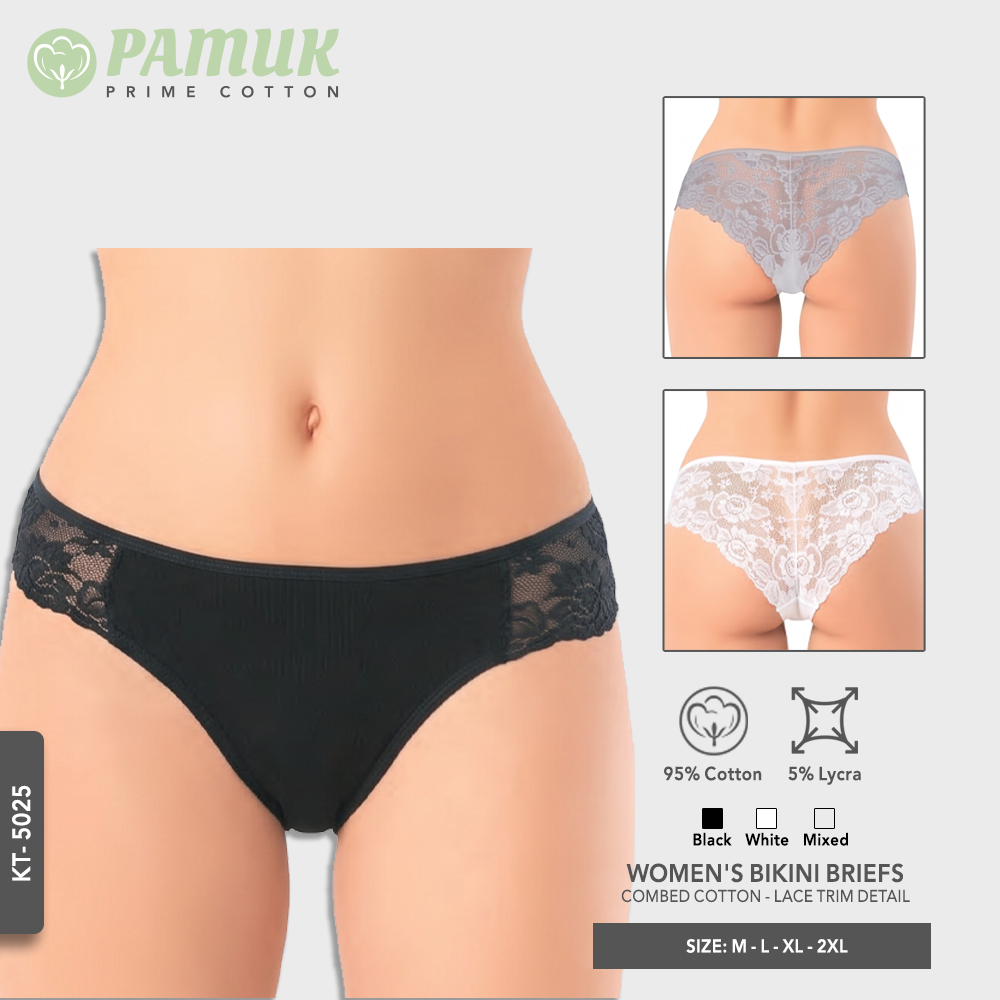 WOMEN'S BIKINI BRIEFS - COMBED COTTON - LACE TRIM DETAIL (KT-5025)